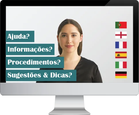 Avatar Virtual num ecrã, com as opções Ajuda, Informações, Procedimentos e Sugestões & Dicas, em seis línguas